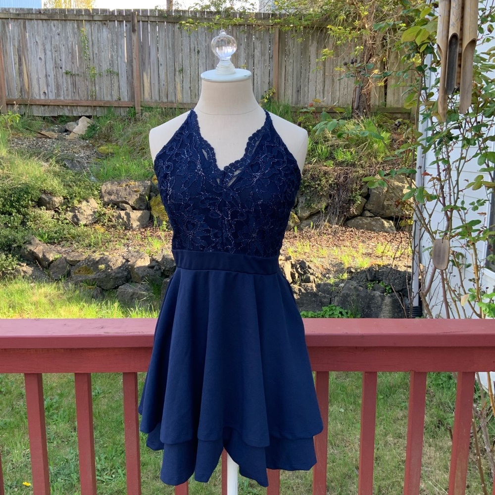 Windsor Navy Blue Prom Dress Ball Gown Size Small Gem